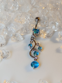 Piercing Au Nombril Vigne Acier Inoxydable Zircone 1.6mm x 10mm STRASS pendantif bleu aqua anneau ventre bijou